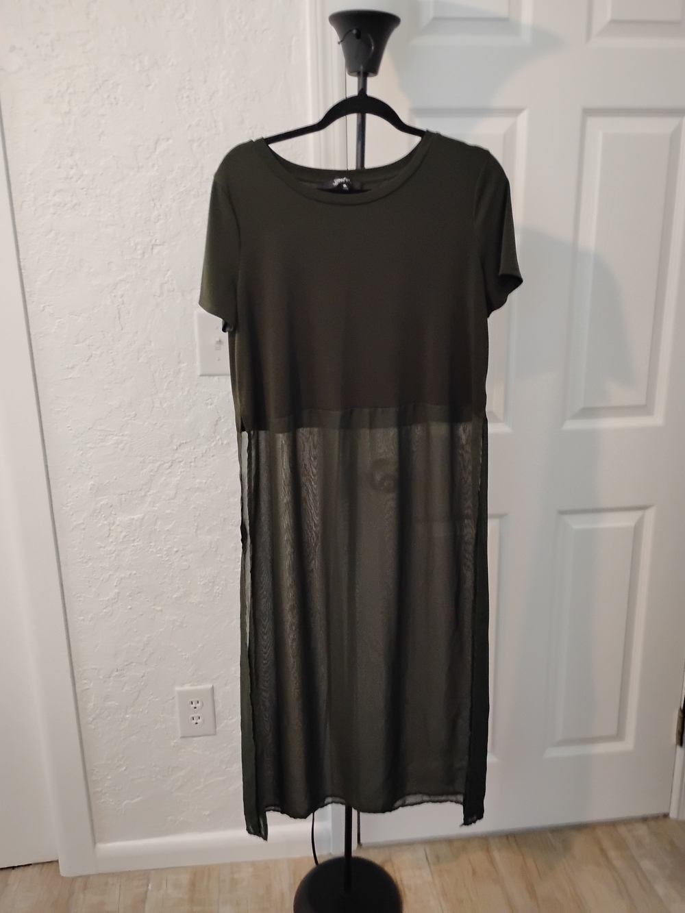 Sweet Rain Olive Green Short Sleeve Midi Shirt Dress with Sheer Skirt Size XL